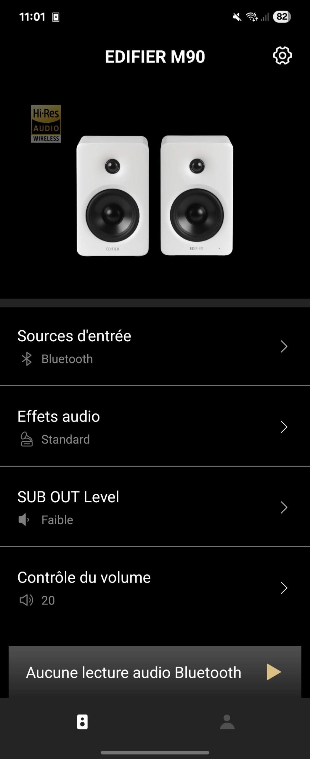 Menu principal de l'application Edifier ConneX pour Android