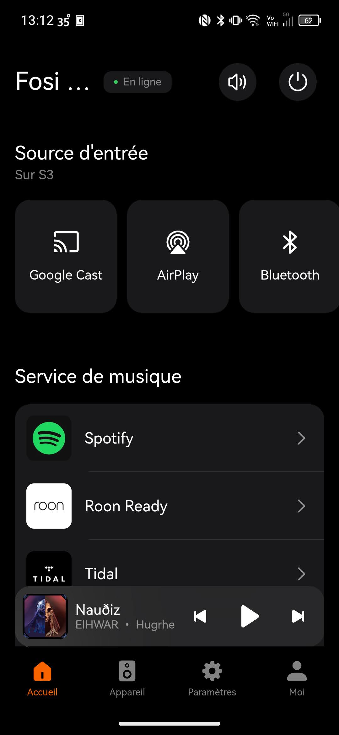 Capture d'écran du menu principal de l'application Fosi Audio.