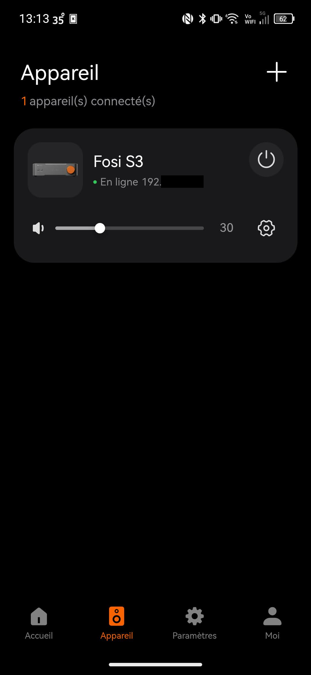 Capture d'écran du menu Appareil de l'application Fosi Audio.
